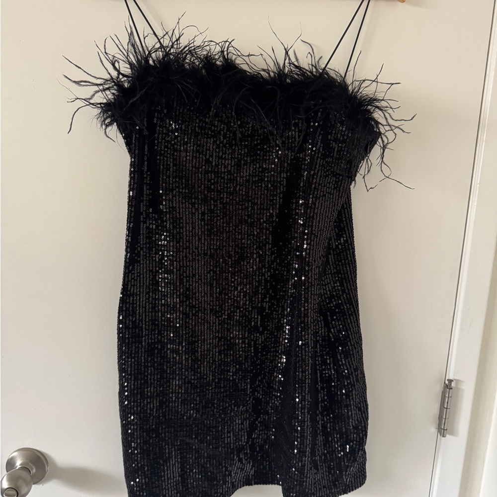 Black Sequin Feather Trim Dress